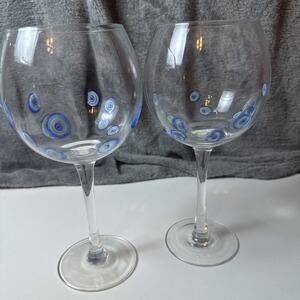 Set Of 2 Hand Painted Long Stem Wine Glasses Modern Swirl Motif Blue